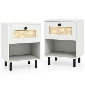 Rattan Nightstand Boho End Table with Rattan Drawer and Open Shelf Set of 2 (Color: White)