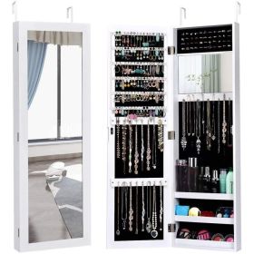 Full Length Mirror Jewelry Cabinet with Ring Slots and Necklace Hooks (Color: White)