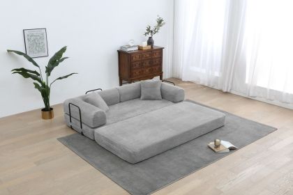 Convertible Sleeper Sofa Bed with Cylindrical Pillow, Corduroy Folding Mattress Couch with Fixed-Shape Frame (Color: Light Gray)